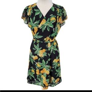Eva Mendes Women's L Black Orange Blossom V-neck Short Sleeve Wrap Dress